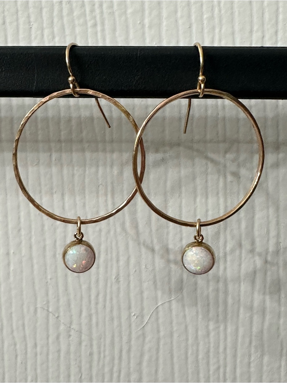 14k Gold-Filled Earrings Hammered Hoops White Kyocera Opals 1.75” NWOT